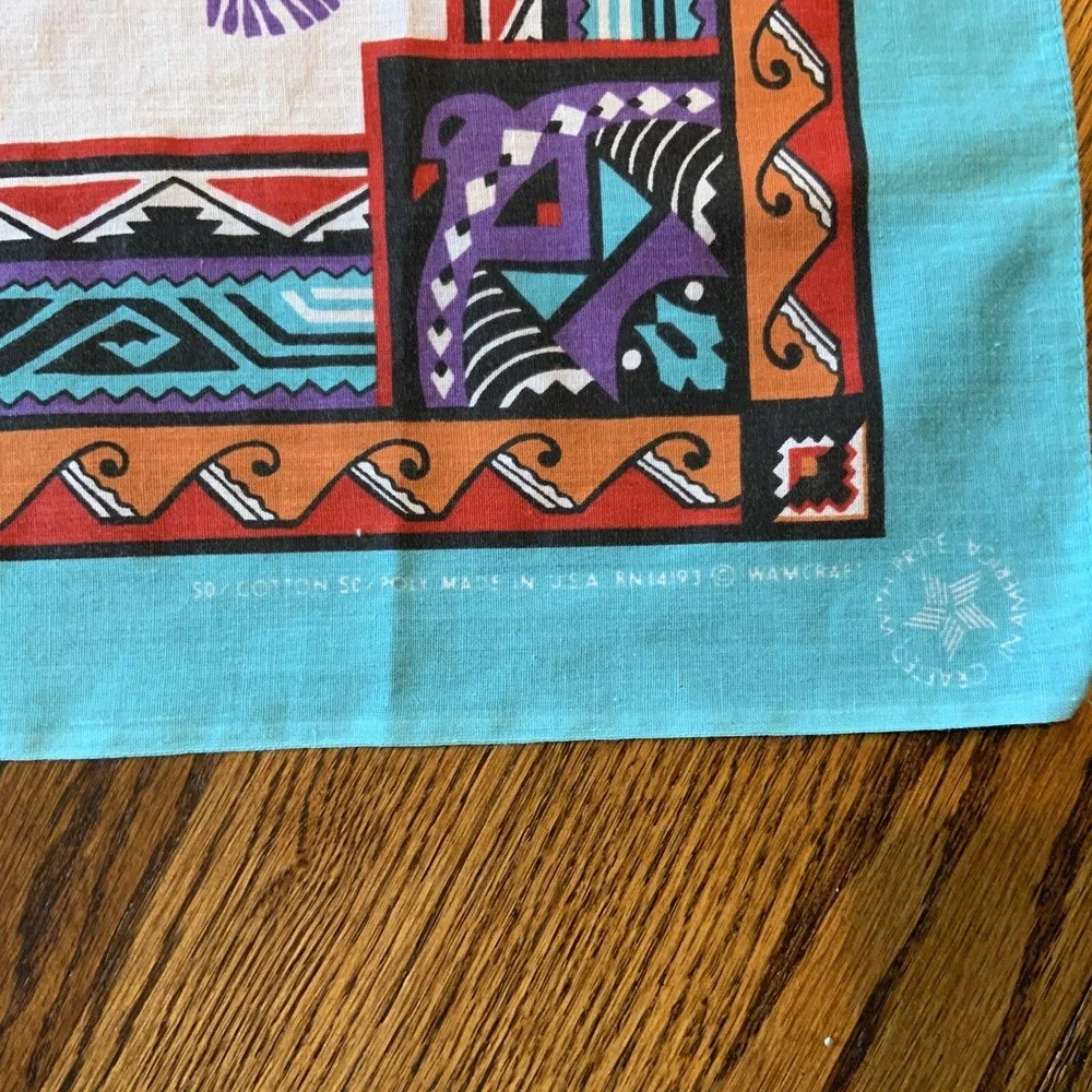 Vtg Wamcraft Bandana Southwest Aztec Teal Purple Black‎ Rare Print Made In USA